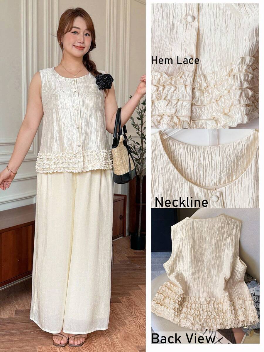 SHEIN LUNE Áo sơ mi nữ cỡ lớn không tay, màu trơn, cài một hàng khuy, cổ tròn, kiểu dáng cổ điển, viền bèo nhún, dáng rộng thoải mái, phong cách công sở tối giản, màu trơn, vải họa tiết hoa 3D, lãng mạn và thanh lịch, áo không tay, thích hợp cho mùa xuân, hè và thu, phong cách công sở tối giản, mặc hàng ngày, lãng mạn và thanh lịch, trang phục thiết yếu hàng ngày cho đi làm và hoạt động ngoài trời, thích hợp cho việc đi lại, tối giản, thanh lịch, cá tính, thích hợp cho tiệc tùng, thanh lịch và thời trang cho việc đi làm, phụ nữ sân bay, giáo viên.