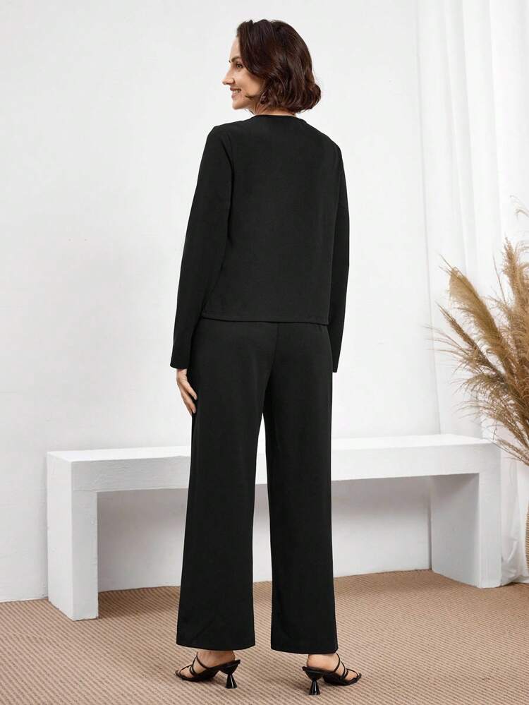 Women's Solid Color Shell Trim Blouse And Pant Suit Set, Fall Women Clothes,Old Money Style Women,Teacher Outfits For Women,Business Casual Woman,Lack Set