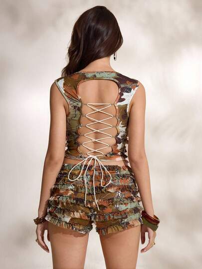 Shutterstock Glamance Casual Fashionable Fitted Round Neck Ruffle Trim Sleeveless Women Camo Crop Top Date Night
