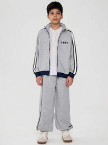 SHEIN Explorewe 2 件/套大童长袖拉链条纹纯色休闲装，上衣为拉链夹克，下装为锥形裤，灰色调搭配黑白条纹，休闲哥特风格基本款运动服，宽松版型 - 灰色 - 查看 3