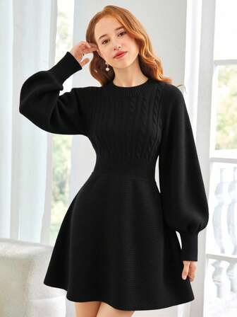 SHEIN Teen Girls Black Crewneck Knit Textured Twist Puff Sleeve Waist Fit & Flare Casual Dress, Elegant Fall Winter