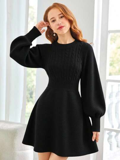 SHEIN 少女黑色圆领针织纹理扭纹泡泡袖腰部修身喇叭形休闲连衣裙，秋冬优雅