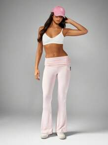 Missguided x Playboy Pantalones acampanados de cintura alta plegados, pantalones de vestir de otoño e invierno para el tiempo libre, pantalones clásicos casuales, pantalones ajustados acampanados de ocio - Rosa - Ver 5