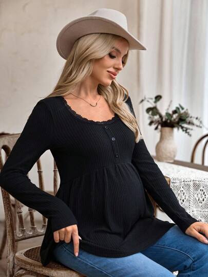 SHEIN 休闲长袖针织蕾丝U领修身孕妇上衣