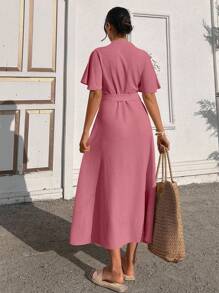 EURMUSE Ruffle Sleeve Crew-Neck Buttoned Maxi Dress With Shell Belt - Dusty Pink - View 3