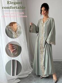 SHEIN PETITE رداء طويل نسائي بياقة على شكل حرف V ،أكمام طويلة متكشكشة ،ذو قصة فضفاضة ،صورة تركية لروب طويل ،عربي
