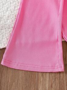 Young Girl Colorful Crocheted Striped 3D Floral Top And Pink Ribbed Flare Pants Set - Pink - View 5