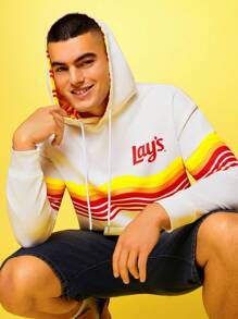 Lay's X SHEIN Men's Letter & Colorful Stripe Pattern Long Sleeve Hoodie - White - View 6