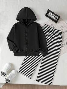 2pcs/Set Boys' Striped Jacket And Pants Set, Long Sleeve Solid Color Zip-Up Jacket And Striped Trousers, Comfortable Casual Outfit - Black - View 3