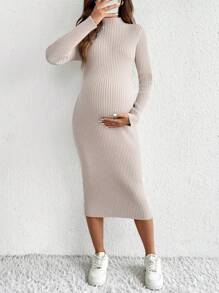 SHEIN 孕妇休闲纯色合身针织连衣裙 - 卡其色 - 查看 7