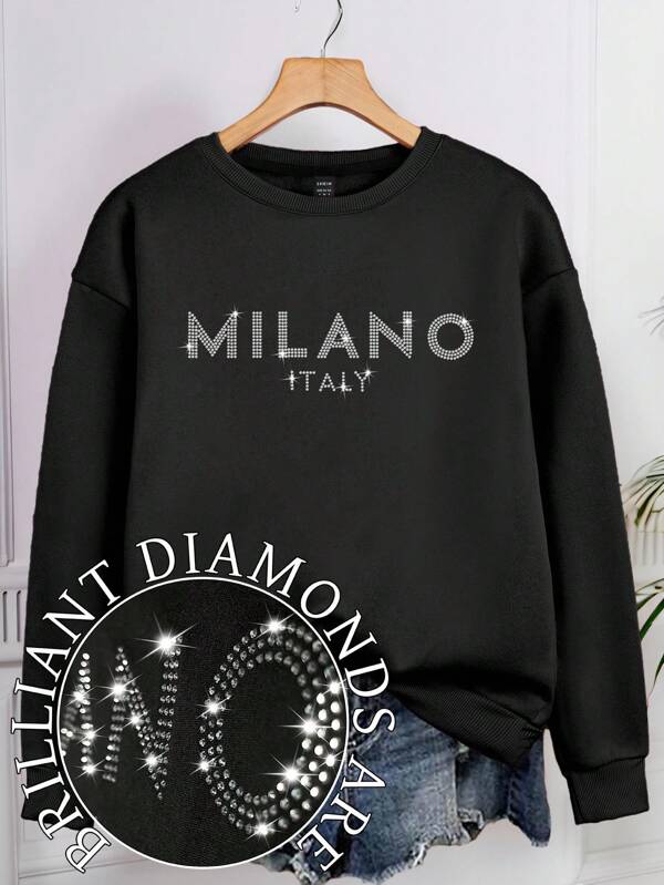 EMERY ROSE Women's Letter 'MILANO ITALY' Pattern Hot Diamond Decoration Sweatshirt, Casual Long Sleeve Round Neck Pullover Sweatshirt, Fall/Winter