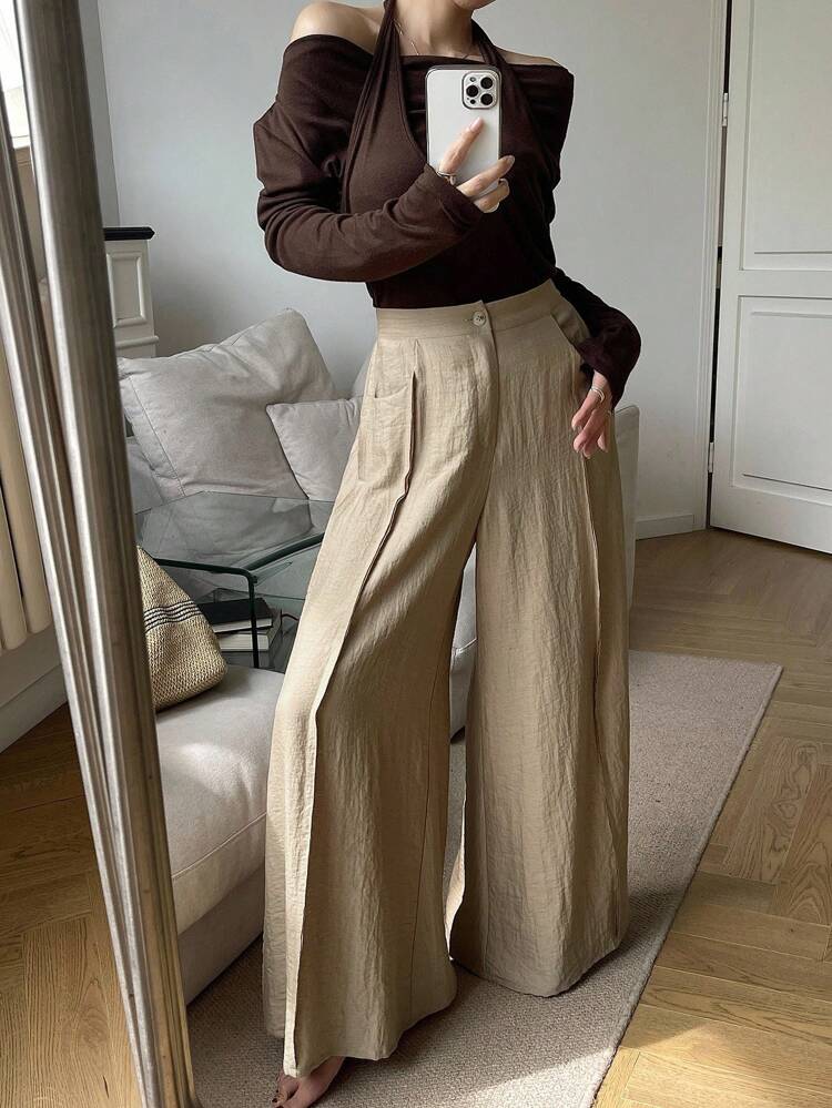 Women's Textured Fabric Loose Wide Leg Casual Pants,Teacher Pants