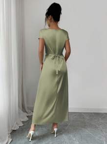 Rafferiza 女士优雅约会/办公室装高领系带短袖缎面连衣裙