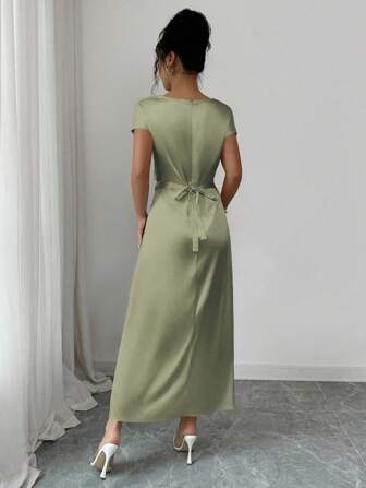 Rafferiza 女士优雅约会/办公室装高领系带短袖缎面连衣裙