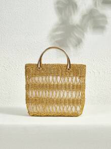 SHECARRY 时尚简约假日编织大容量女士手提包 - 金色 - 查看 1