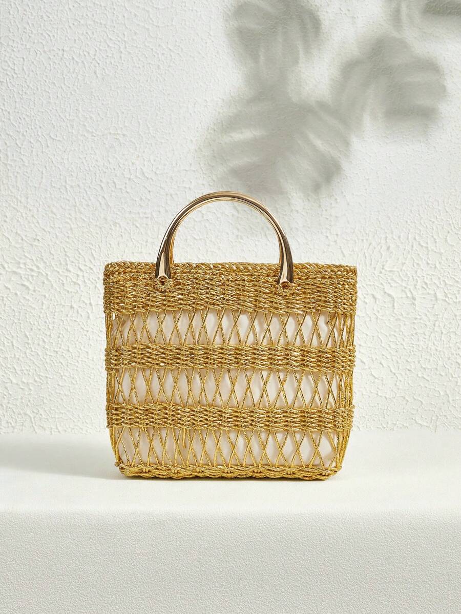 SHECARRY 时尚简约假日编织大容量女士手提包 - 金色 - 查看 1