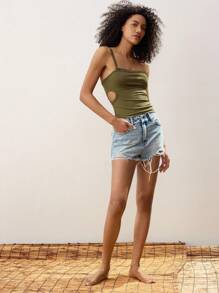 Maija Olive Green Cutout Single Shoulder Strap Women's Tank Top, Casual Design Festival Comfy Versatile For Spring & Summer - Green - View 2