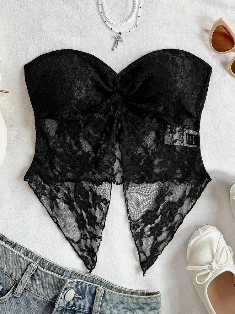 Soleia Blusa de mujer con textura de encaje, parches y nudo al frente, diseño de abertura, ideal para vacaciones, té por la tarde, temporada de graduación, todas las temporadas, fiestas, Día de San Valentín - Negro - Añade 6