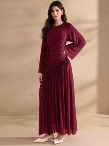Graceveil Women's Ultra Long Spring & Summer Mesh Knit Ruffle Hem Split Modest Elegant Charming Fashion Dress - Burgundy - View 7