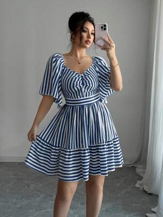 Elenzga Vestido midi elegante y casual de talle fino con mangas cortas y rayas azules y blancas para mujer, nuevo para primavera y verano
