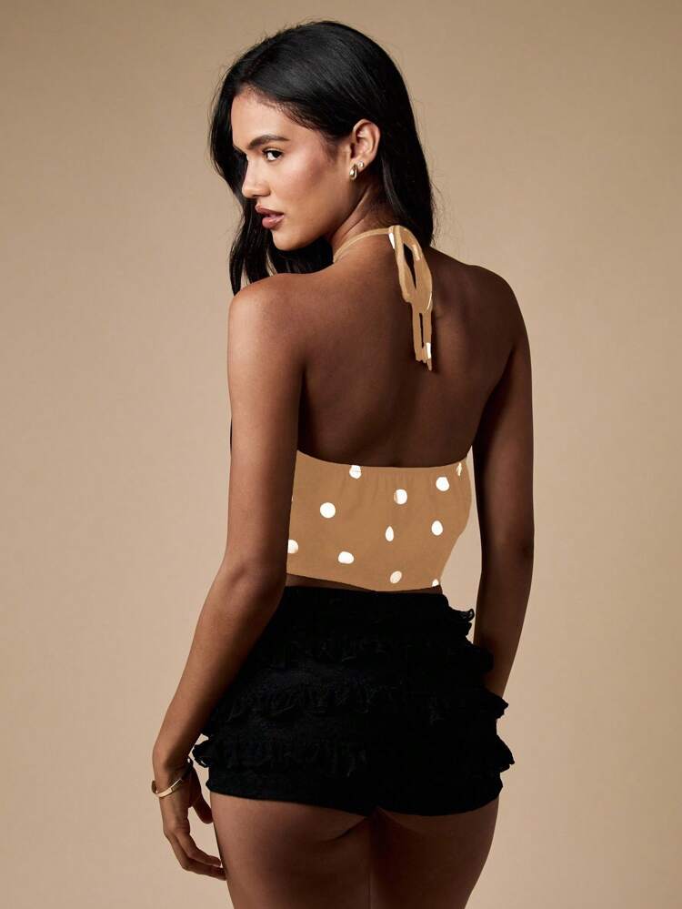 MISSGUIDED ドット柄ホルターネッククロップトップ（タイバック付き）