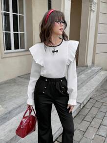 SHEIN Conjunto de blusa con lazo y mangas cortas + pantalones de pierna ancha en estilo dulce para niña