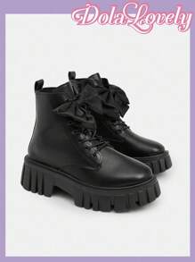Dola Lovely 新款女式欧美风格靴子，前系带，侧拉链，蝴蝶结装饰，复古圆头，甜美酷炫，厚底，时尚踝靴 - 黑色 - 查看 6