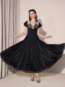 Poshira 女士优雅派对条纹拼接水钻装饰长裙中长款鸡尾酒会礼服黑色优雅连衣裙中长款正式连衣裙 1920 年代复古连衣裙咆哮的 20 年代连衣裙，女士时尚休闲秋季服装，可爱复古端庄女士服装，返校学校服装，返校连衣裙，女士教师服装 - 黑色 - 查看 5