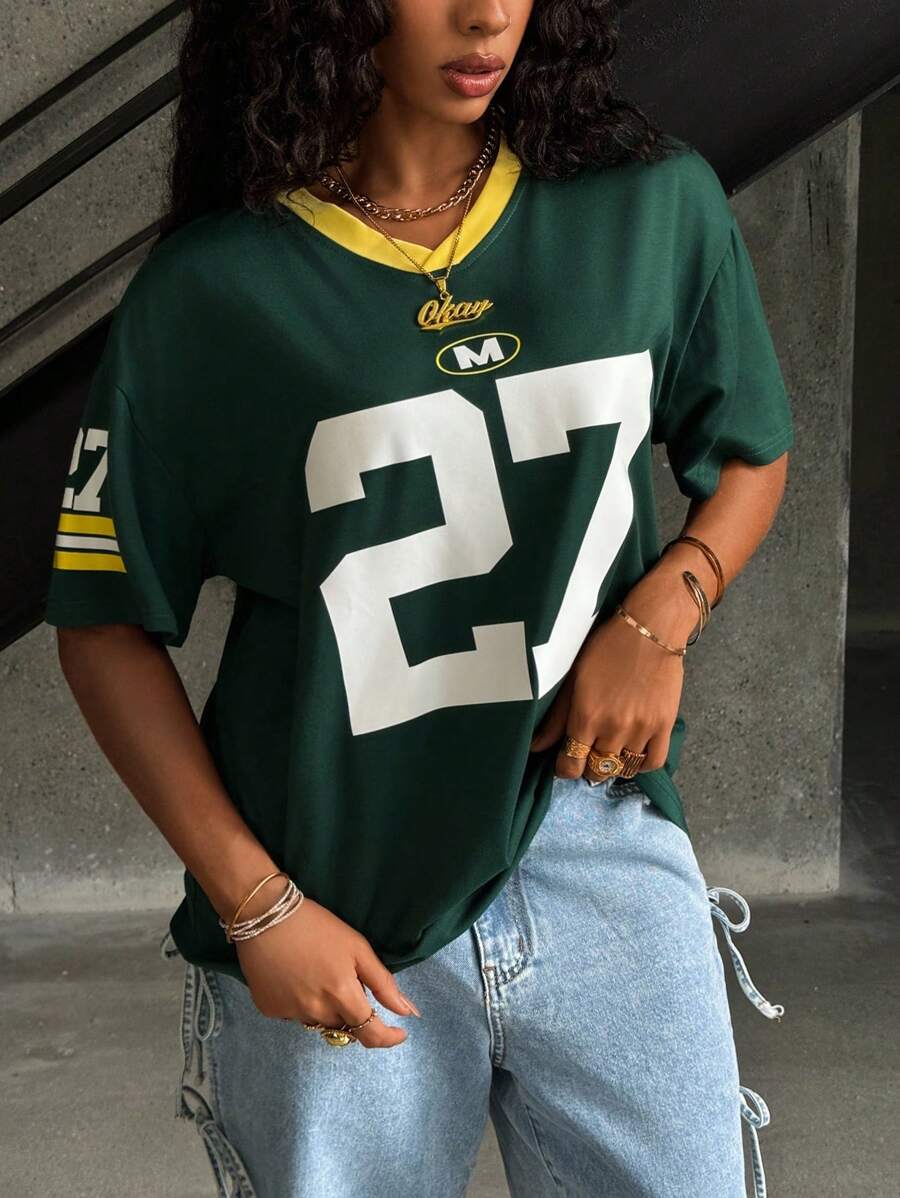 Rovax Ladies' Contrast Color Simple Printed V-Neck Short-Sleeved T-Shirt Graphic Tees Women Tops - Multicolor - View 1