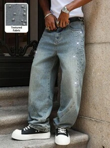 PAVTROS Jeans de pierna ancha y larga con lavado medio para hombres con detalles decorados para un estilo casual, jeans con rhinestones - Azul lavado medio - Ver 1