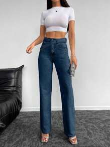 EURMUSE Women's Casual Distressed Rhinestone Straight-Leg Jeans - Teal Blue - View 5