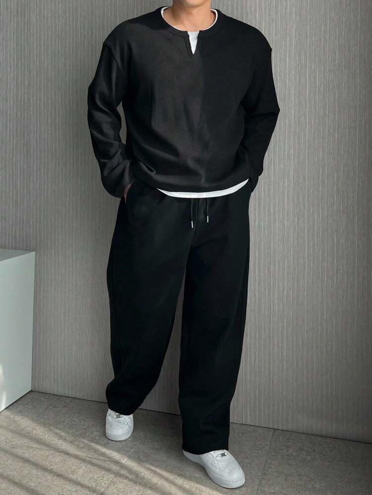 Men's Black T-Shirt With Pieced Collar And Hem, Designed As 2 In 1, Autumn