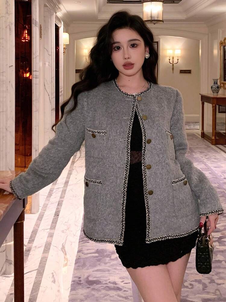 Women's Elegant Color Block Ribbon Collar Pockets Long Sleeve Fitted Thick Woollen Coat, Autumn/Winter Jacket Modest Fashion