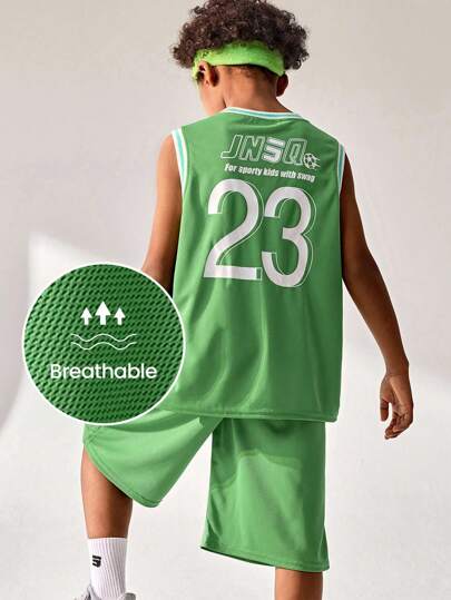 JNSQ Back To School Tween Boy Outdoor Sports Vest & Shorts Set, Children's Flat Screw Splice Contrast Color Funny Letter Print Outdoor Professional Sports Vest & Shorts Sportswear Set