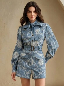 Anewsta Elegant Round Neck Ribbon Long Sleeve Cinched Waist Heavily Embroidered Beaded Jumpsuit For Women With Utilitarian Design - Baby Blue - View 2