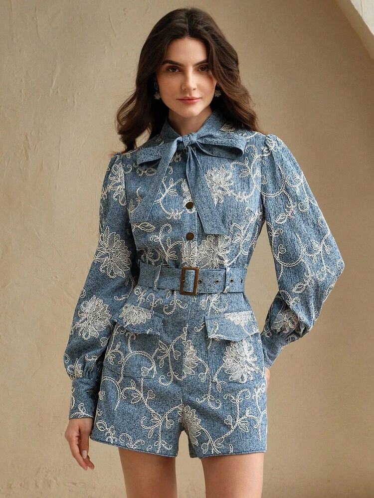 Anewsta Macacão Elegante para Mulheres com Gola Redonda, Manga Longa, Cintura Marcada, Bordado Pesado e Contas, Design Utilitário