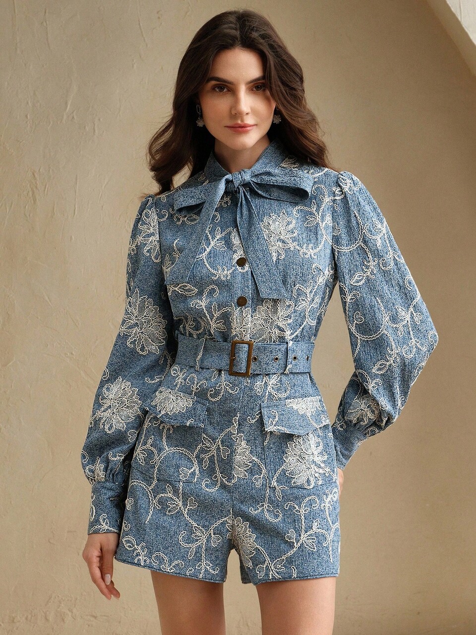 Anewsta Elegant Round Neck Ribbon Long Sleeve Cinched Waist Heavily Embroidered Beaded Jumpsuit For Women With Utilitarian Design