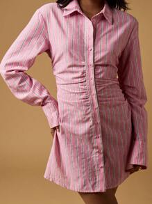 MISSGUIDED Long Sleeve Button Down Mini Dress Collared Ruched Waist Striped Shirt Dress Fall Winter Spring Fashion Statement Business Professional Attire Classic Design - Pink - View 4
