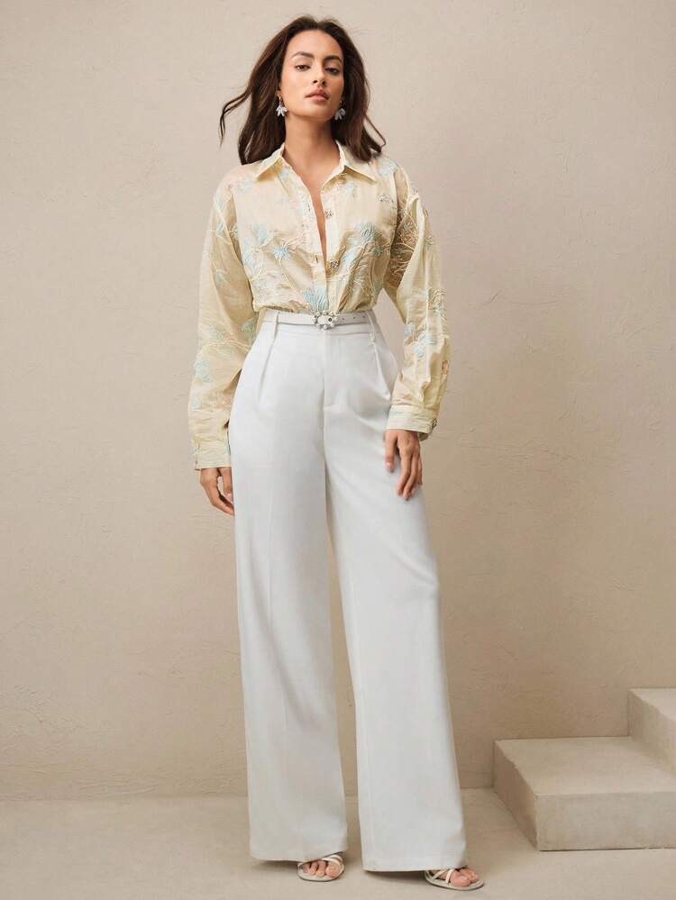 Anewsta Elaire Women's Elegant Embroidered Long Sleeve Collar Design Apricot Blouse, Suitable For Summer Vacation