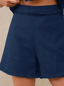 WESTFADE 100% 纯棉西部波西米亚风流苏磨边高腰休闲 A 字短裤休闲、可爱、秋季、冬季、乡村音乐会 - 藍色 - 查看 2