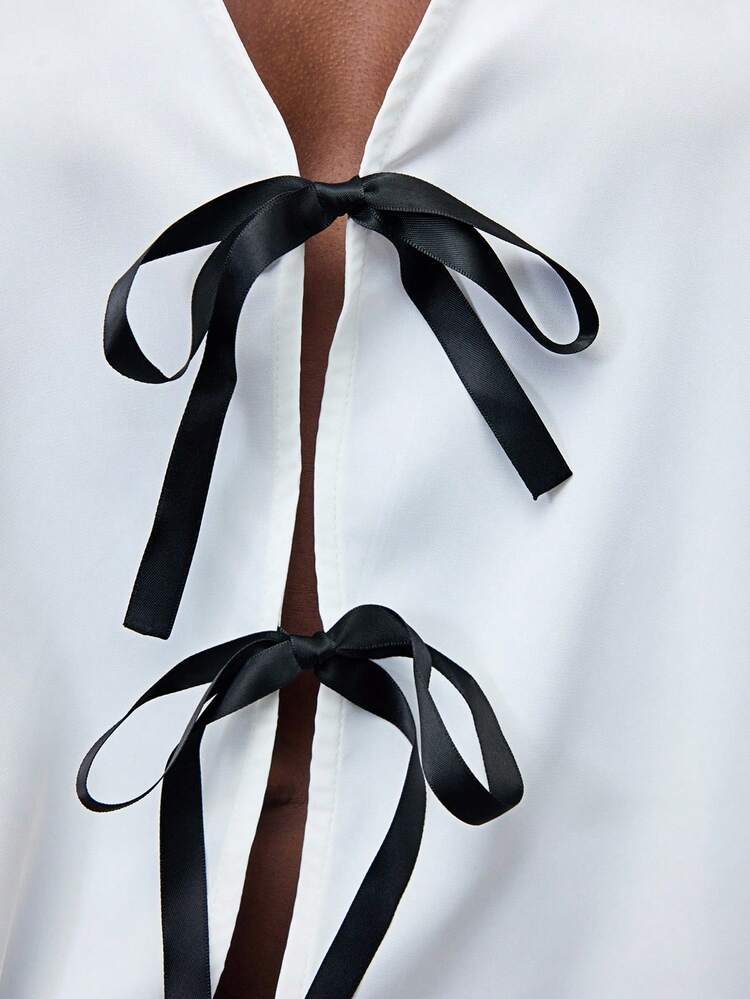 SHEIN Maija Women's White Halter Top With Black Bow Knot Detail - Casual And Cute Woven Fabric Sleeveless Top