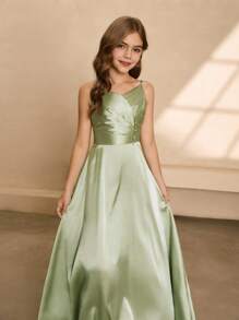 花童伴娘缎带褶饰长裙，精致风格，适合婚礼、万圣节、毕业典礼、舞会、生日派对 - 綠色 - 查看 5