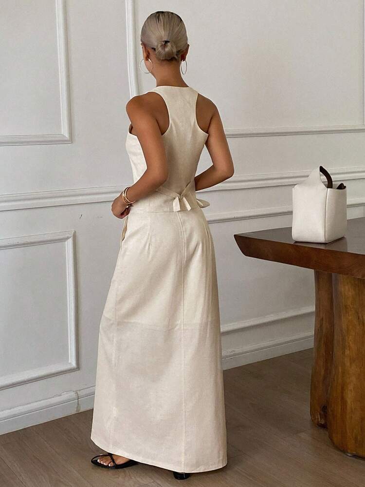 2pcs Women Solid Color Fitted Sleeveless Vest And Asymmetric Hem Skirt Casual Suit Set, Autumn