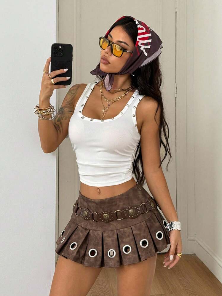 Coolane Women's  Fall/All-Season  Y2K Streetwear Punk Vintage Grunge Casual Western Wear Country Concert Distressed Leather  Pleated Skirt - Brown - View 6