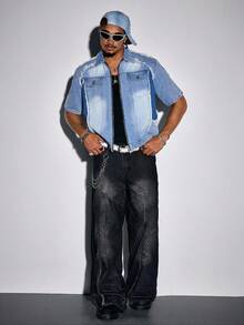 ROMWE MEN Prep Men's Denim Digit Patch Zip Front Casual Washed Top - Blue - View 6