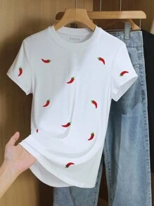 INAWLY Women's Fitted Crew Neck T-Shirt With Chili Pepper Embroidery Design - White - View 3