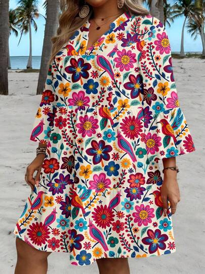 EMERY ROSE Festival Style Casual Versatile Music Festival Plus Size Deep V Neck Cake Skirt Holiday Style Small Floral Short Dress, Suitable For Casual Vacation