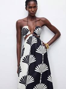 Maija Abito loose con collo a coulisse, effetto colorblock bianco e nero, con stampa, con frange e design traforato, stile casual da vacanza e spiaggia, versatile per primavera/estate