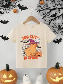 Young Boy Halloween Cartoon Print Short Sleeve T-Shirt - Multicolor - View 1