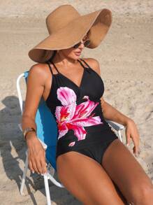 Swim Vcay 2 piezas Conjunto de traje de baño con estampado de flor de lirio para mujer, para ocio, playa, fiesta en la piscina, vacaciones, primavera/verano - Multicolor - Ver 5